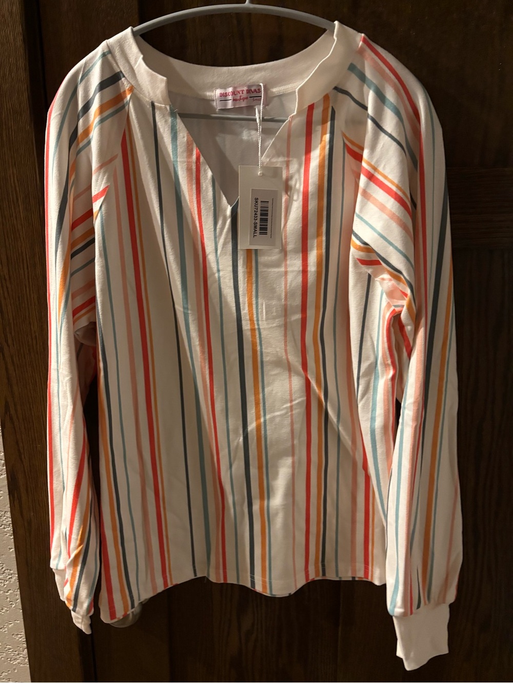 DD Designs Striped  Vertical V-Neck Long Sleeve Soft Top - Multi Stripe. Small.
